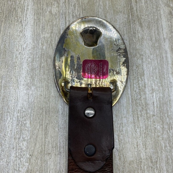 Justin SZ 32 Black Leather Belt with Crumrine TEXAS Buckle Gold Silver Two Tone - Picture 7 of 9